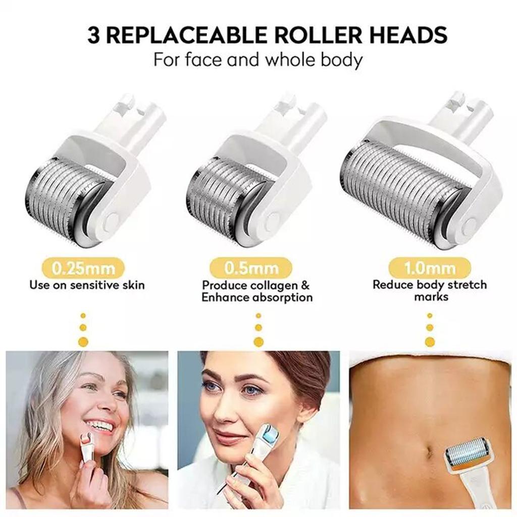 Derma Roller Microneedling Device for Home & Salon Use with 3 Replaceable Heads Red Light for