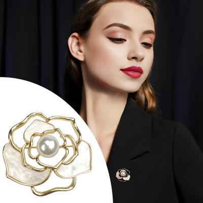 Women Brooch Camellia Faux Pearl Anti-slip Wear-resistant High-end Coat Collar Hat Scarf Decoration Clothes Pin