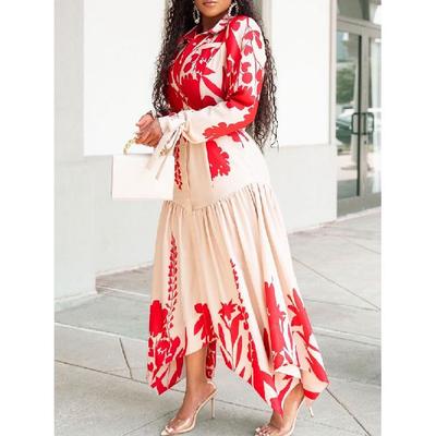 European and American Women's Fashion Summer New Long Sleeve Printed Turn-down Collar Irregular Loose Plus Size African Export Dress