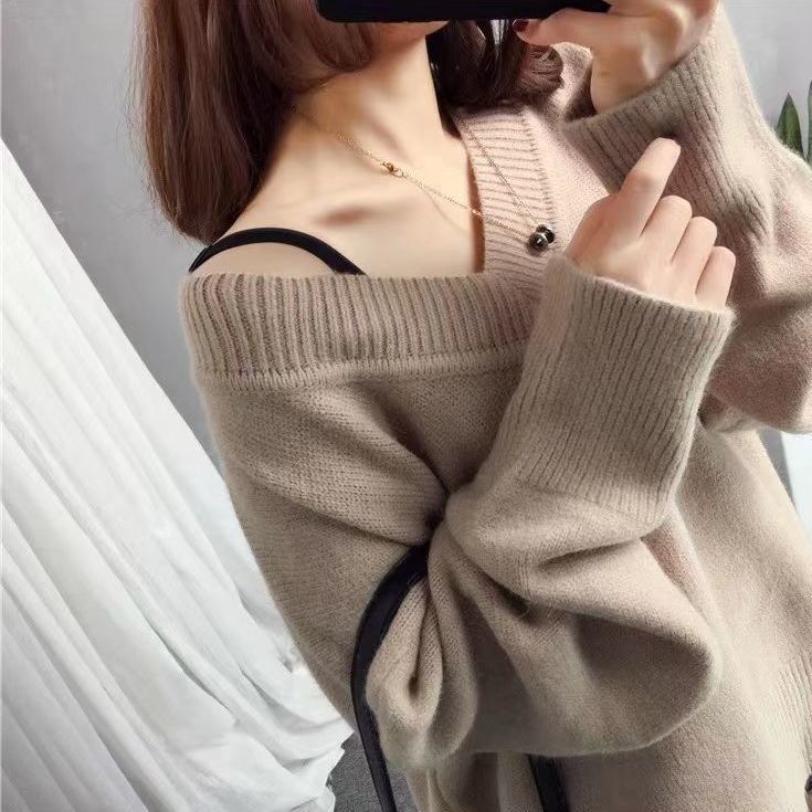 Women's Autumn & Winter Korean Style V-Neck Sweater Loose Lazy Style Versatile Pullover Knit Top Base Layer for Women