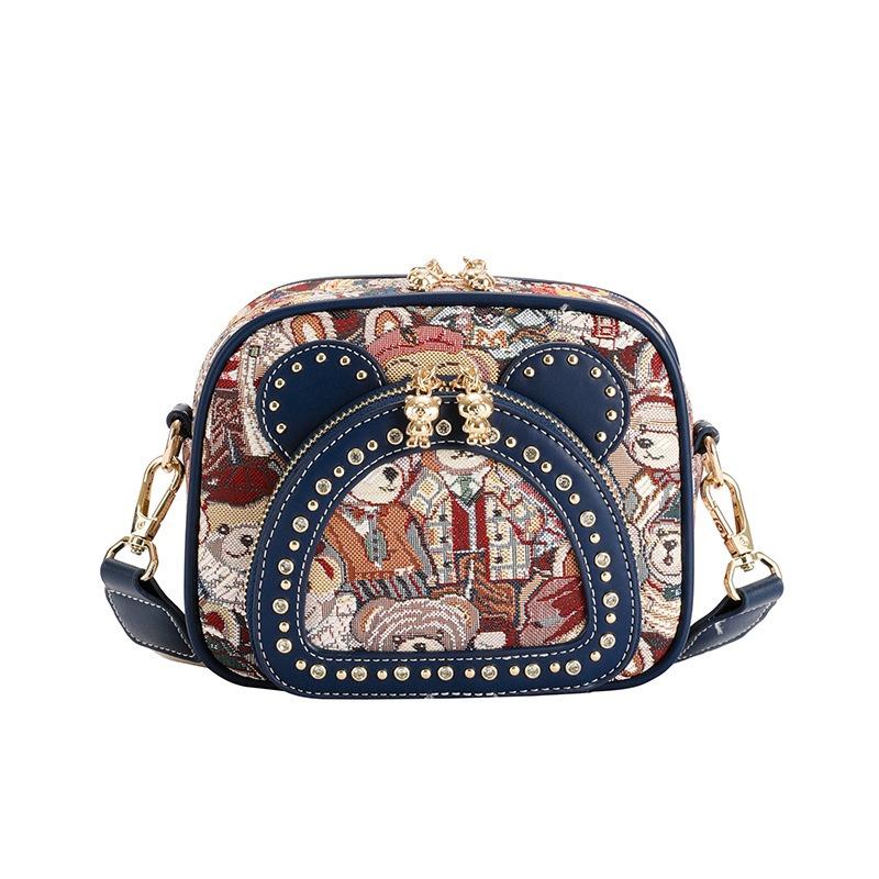 BEIBAOBAO New Canvas Embroidered Small Square Bag Cute Cartoon Small Bear One Shoulder Bags Fashionable Exquisite Design Rivet Women's Messenger Bag