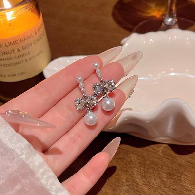Shiny Zircon Bow Pearl Earrings: Versatile Luxury, Korean Style