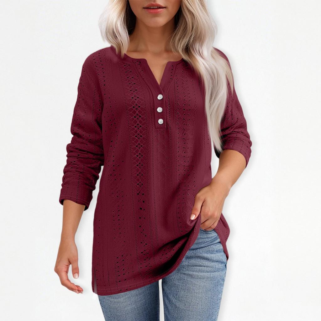 T-skjorte for kvinner T-skjorte med knapp 3/4 ermer Daglig helgmote Basic V-hals vanlig topp