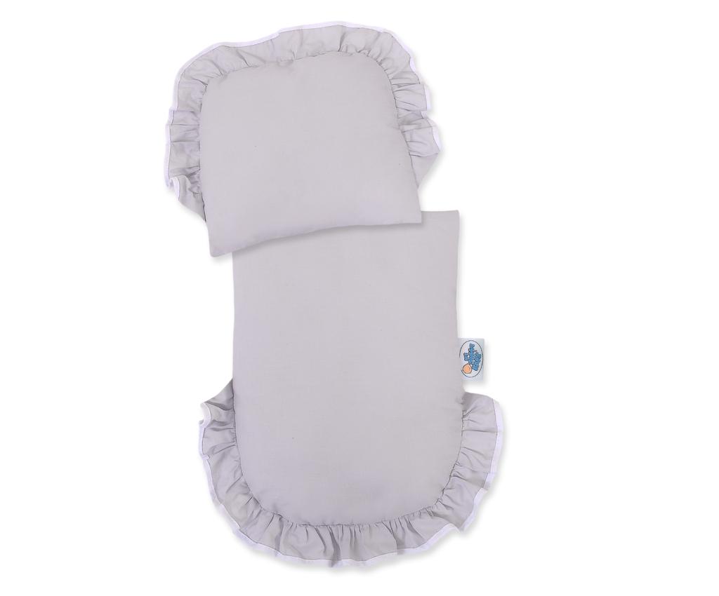 Witte rieten poppenwagen met grijze beddengoed en zachte voering