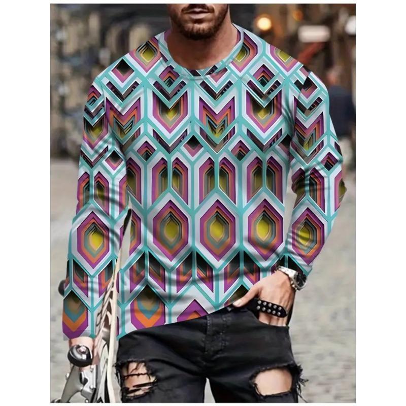 T Shirts for Man Geometric Block 3D Print Autumn Long Sleeve T-Shirt Pullover Casual Male Tops Street Lightweight Men's Clothes