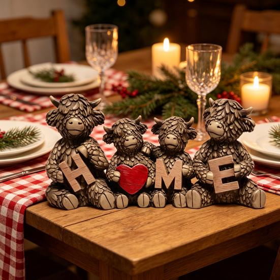 Decorative Accents for Bookshelf Highland Cow Family Figurine, Resin Cattle Statue Holding HOME Letter Sign, Stable Table Decoration Farmhouse