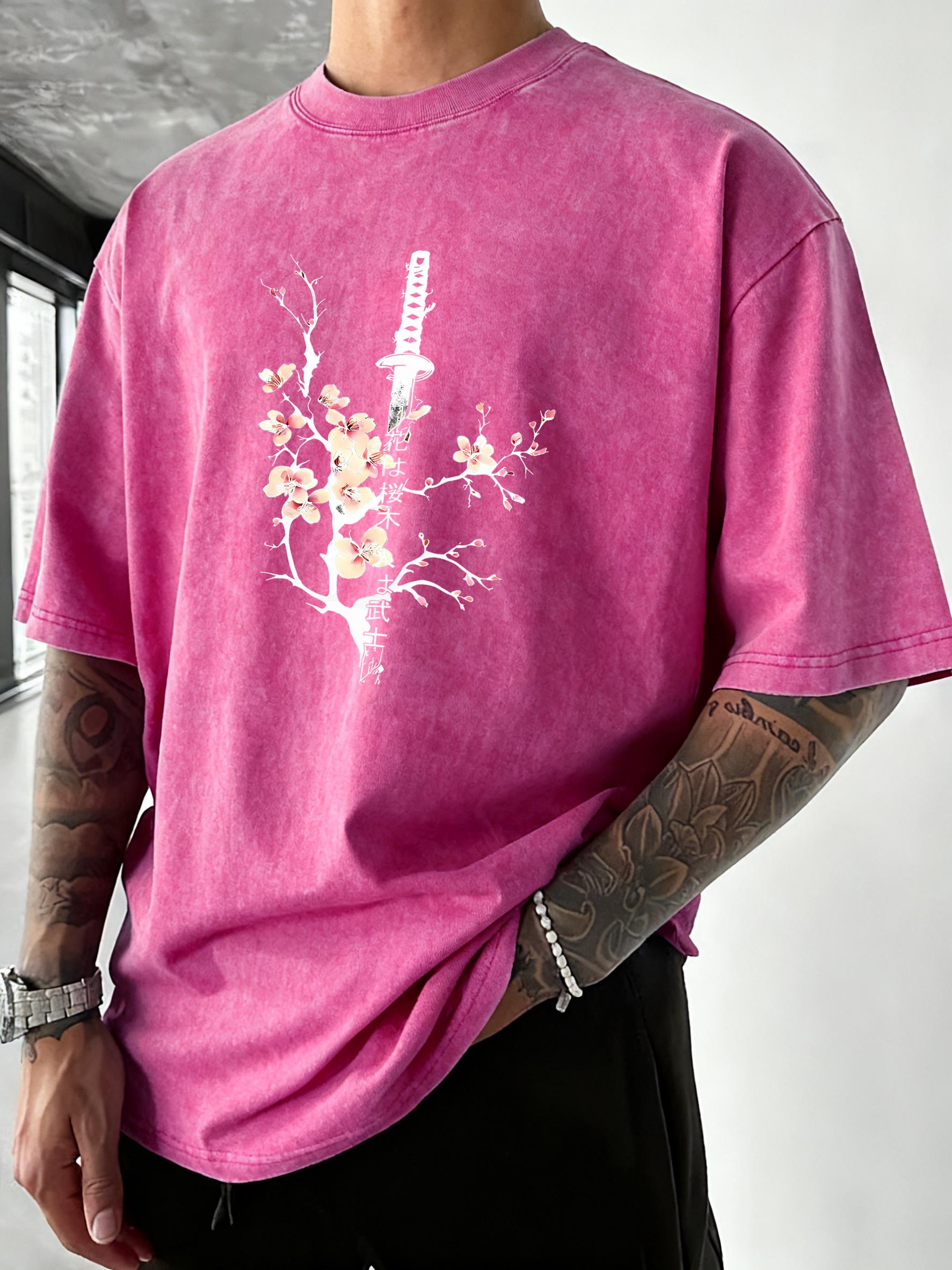 

Japanese Cherry Blossom Sword Print Mens Washed TShirt Summer Cotton Short Sleeve Sport Running T Shirt Casual Loose Top S