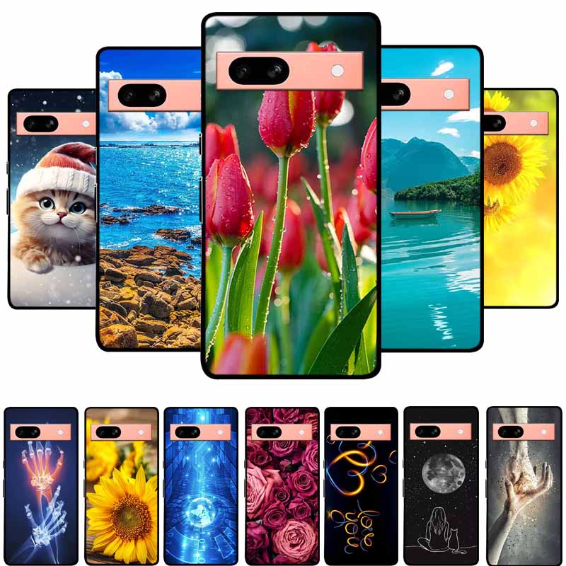 Per Google Pixel 7a 5G Custodia 6.1" Cover Fiori Bordo Nero Silicone TPU Morbida Cover Posteriore Per Google Pixel7a 2023 Custodia Telefono Fundas