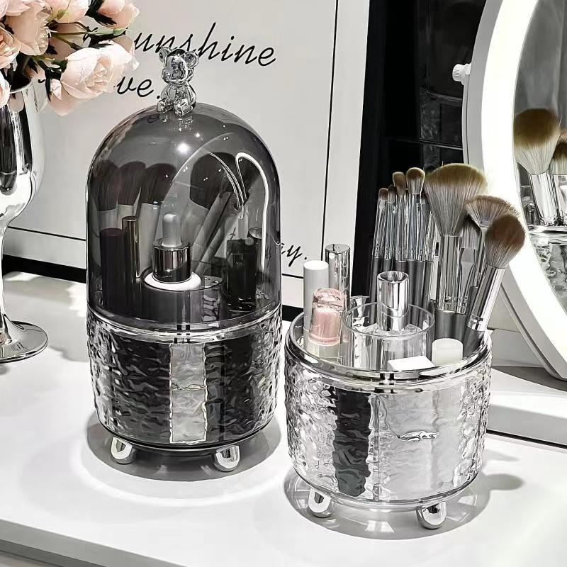 Porta pennelli da trucco trasparente con coperchio, girevole a 360°, antipolvere, organizer per pennelli da trucco, per scrivania, cosmetici, scatola portaoggetti