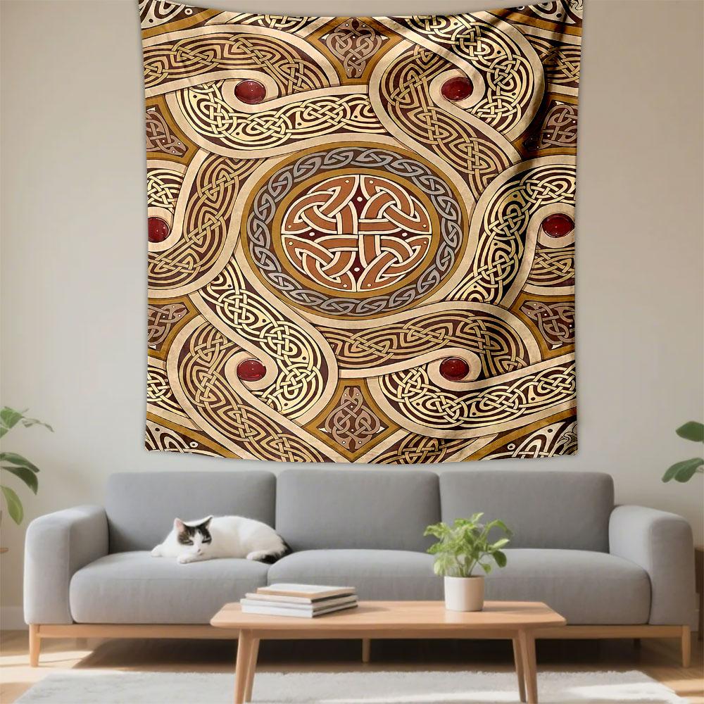 Celtic Knot Interwoven Tribal Pattern Brown Gold with Red Gemstones Tapestry Wall Hanging Vintage Decor for Man Cave