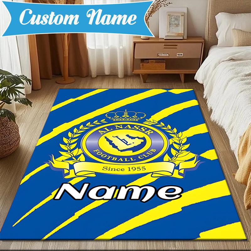 Custom Name Al Nassr Football Club Crest Rug Game Carpet, Floor Mat for Bedroom Living Room Entryway Rug, Home Decor Idea Gift for Christmas birthday