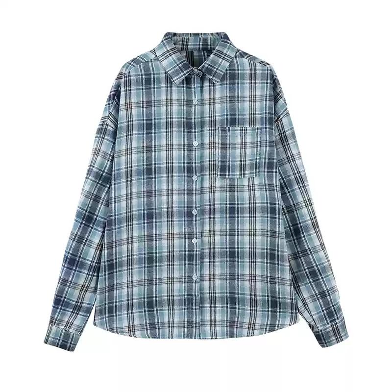 Karminrotes kariertes Hemd für Damen, Knopfleiste, Langarm, Kragen, karierte Hemdjacke, Schulmädchen, Freizeit, Wochenend-Outfit, Frühling, Sommer