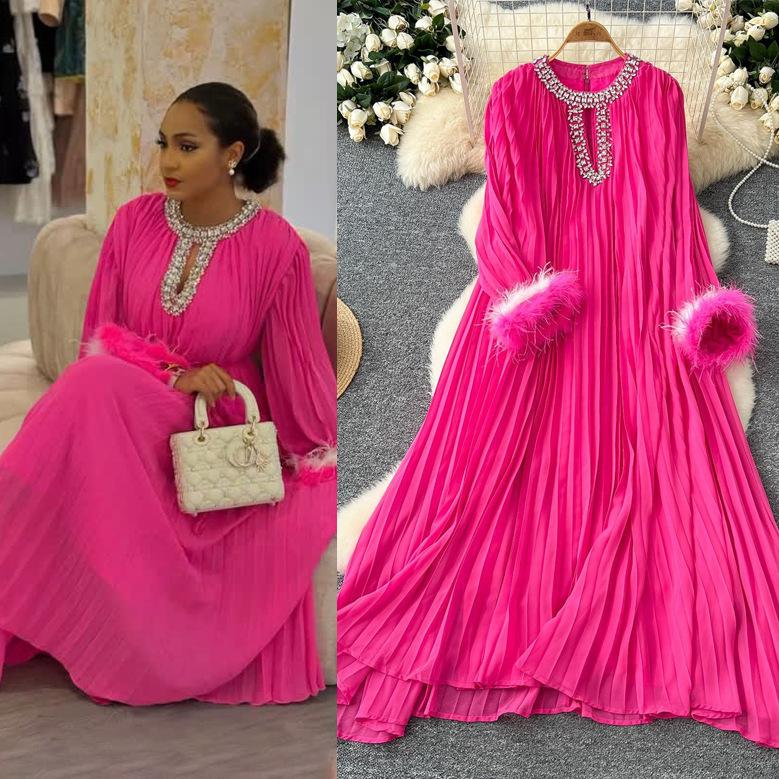 Autumn New Elegant Solid Color Dress Round Neck Diamond Loose Fluffy Splicing Pleated Dress