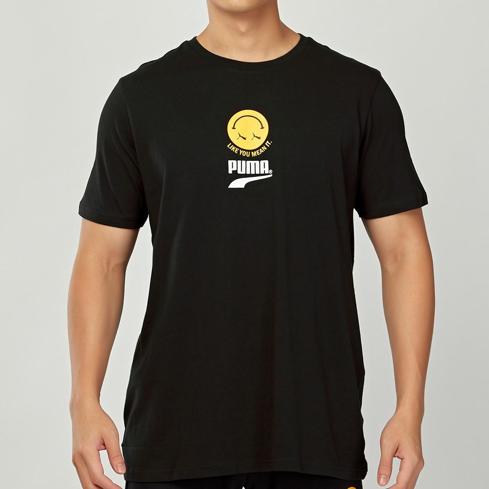Puma Lässiges Sport-T-Shirt mit Smiley-Print, Rundhalsausschnitt, kurzen Ärmeln, Unisex-Oberteil, Schwarz 530017-01