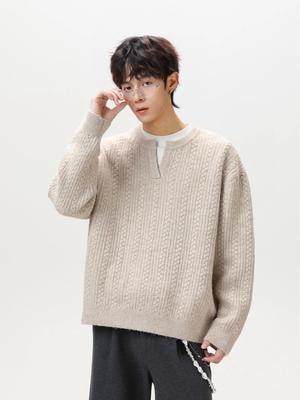 Men's American Retro Henley Collar Winter Cable Knit Sweater