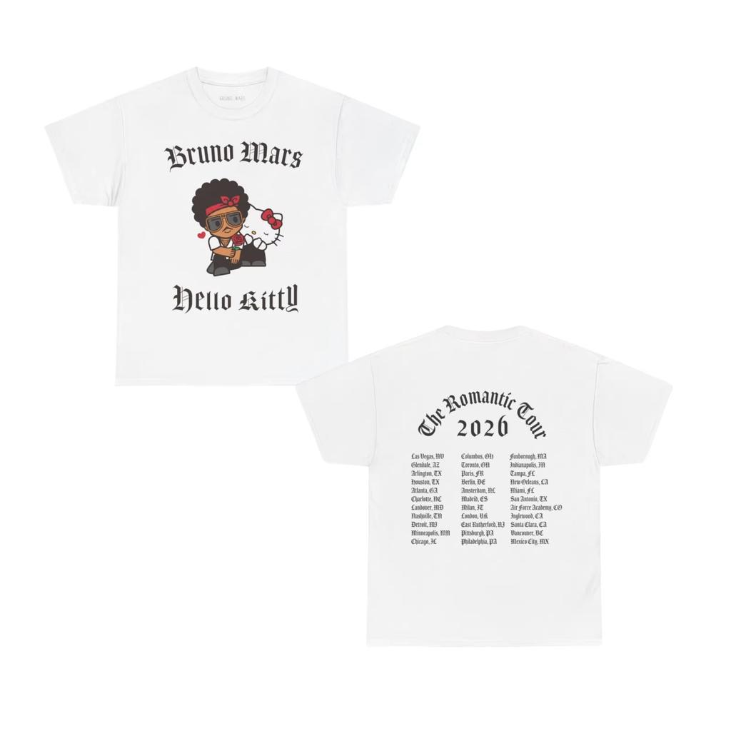 Summer Hot Sale Bruno Mars X Hello Kitty The Romantic Tour Merch Print 2026 T-shirt Y2K Men Women Hip-hop T-shirt Cotton Gothic Round T-shirt