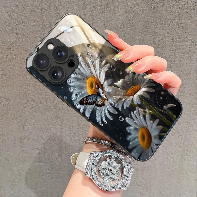 White Daisy Flower Butterfly Pattern Tempered Glass Phone Case For iPhone 16 17 15 14 13 12 11 Pro Max 16E 7 Plus XR XS X Cover