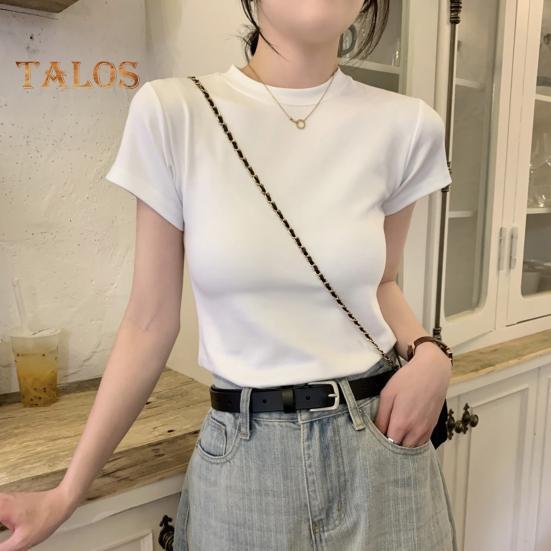 Women Slim Fit T-shirt O-neck Short Sleeve Pullover Tops Solid Color Stretchy Soft Tee Shirt Streetwear