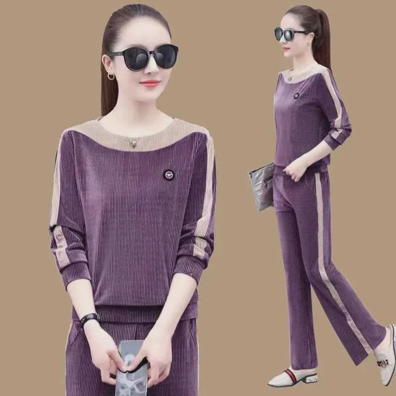 Costum Sport Damă Catifea Aurie: Set elegant, casual din două piese pentru primăvara și toamna 2024