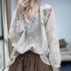 Women's Floral Print Linen Blouse V Neck Puff Long Sleeve Sheer Casual Top