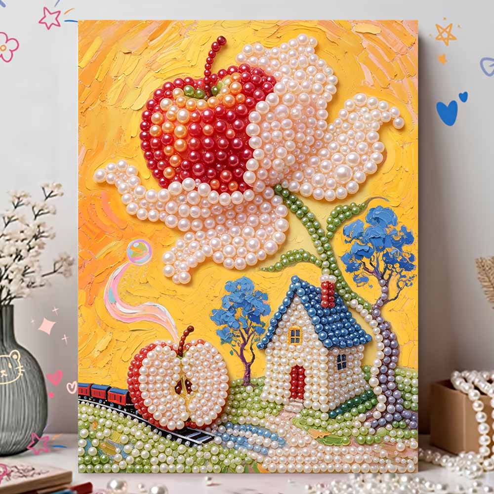 Pearl Painting DIY Kit Apple Flower House Landscape Frameless Sparkling Bead Art Canvas Creative Home Decor Craft for Beginners