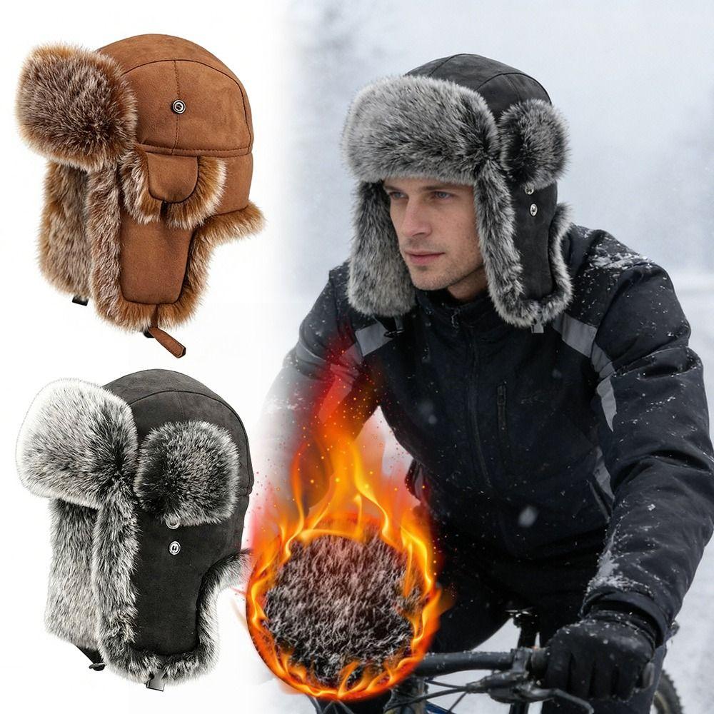 Unisex Warm Bomber Hats Windproof Imitation Faux Fur Trapper Hat Faux Fur Earflap Winter