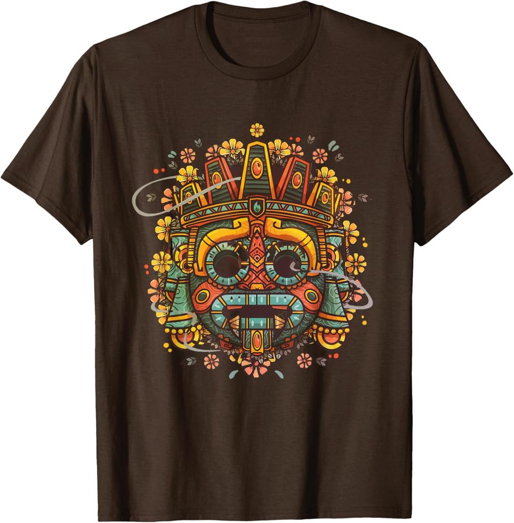 T-shirt Colorata Maschera Maya Azteca Uomo Casual Traspirante Grafica Maglietta Viaggio