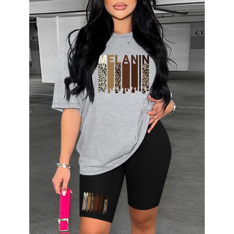 Women's Summer Casual Loose Fit Large Size MELANAN Print Round Neck Short Sleeved T-shirt+shorts Two-piece Set