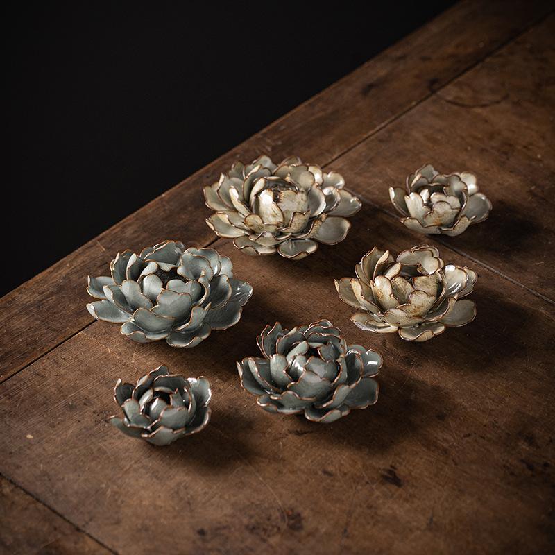 Creative handmade line incense insert peony flower incense burner household indoor ceramic Ge kiln retro line incense base incense ornament