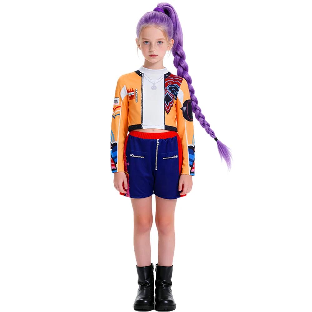 Kids K-pop Demon Girls Hunter Rumi Cosplay Costume Wig Earrings Halloween Party Fashion Clothing Set Fancy Rumi Prop