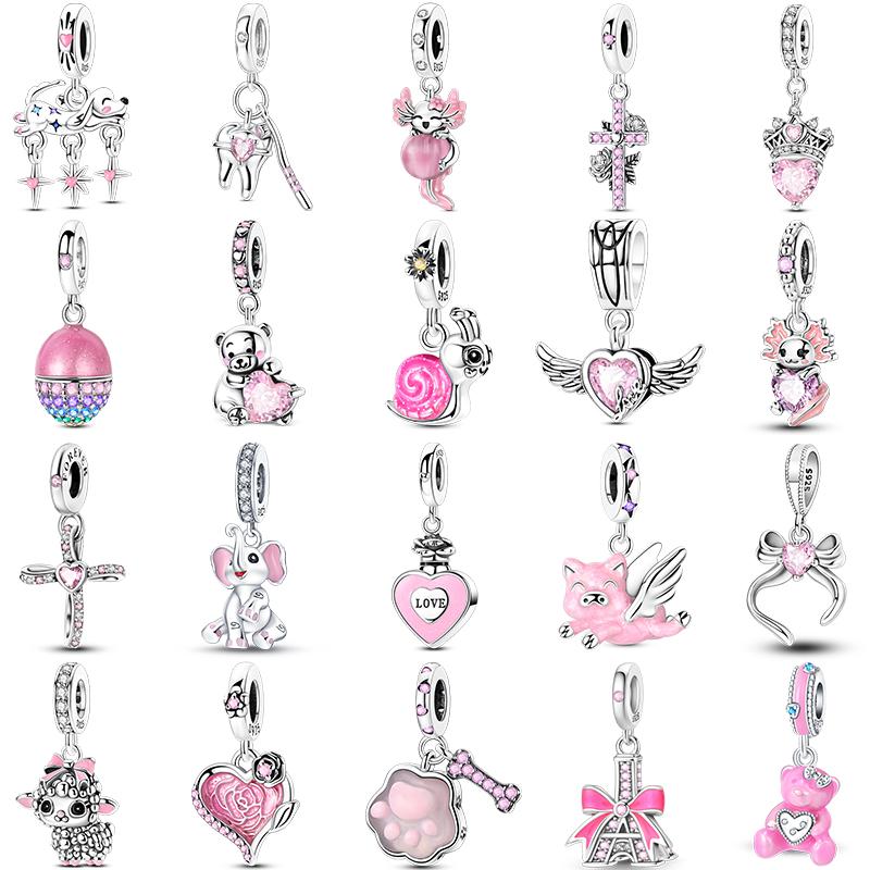 Fit 925 Silver Charms Beads Little Bear Lamb Little Flying Pig Pink Charms For Women DIY Birthday Jewelry Gift