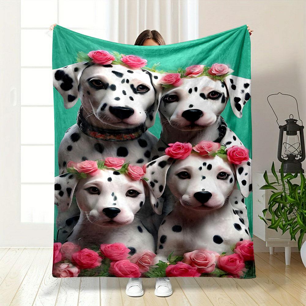 Cute Dalmatians with Floral Crowns Patterned blanket, flannel, suitable for all seasons, home decor, warm and cozy
