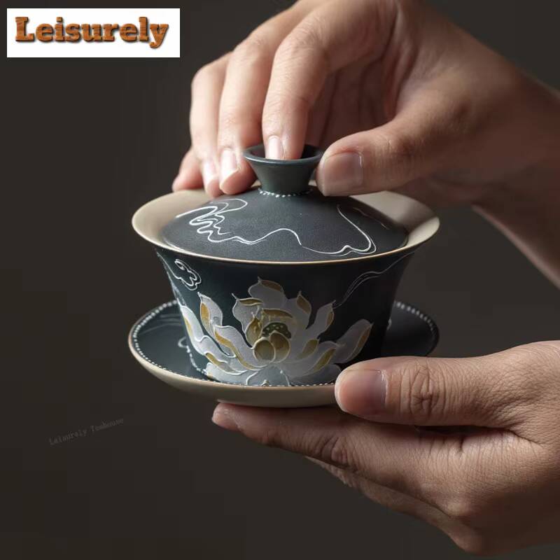 111ml Auspicious Clouds Ink Lotus Gaiwan Zen Tea Tureen Tea Bowl With Lid Kit Tea Maker Cover Bowl Kung Fu Tea Set Collection