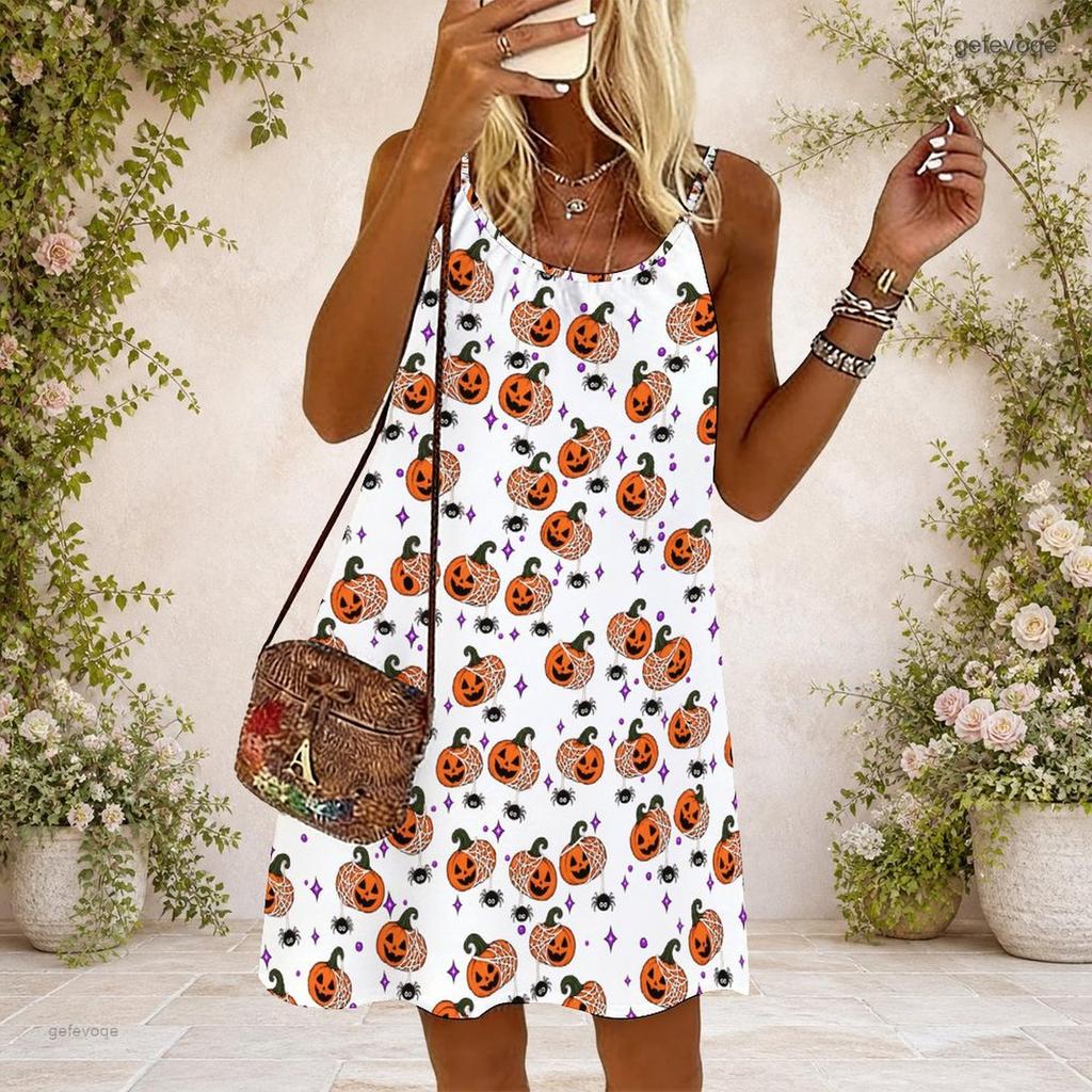 Women Plus Size Scoop Neck Thin Straps Sleeveless Loose Fit Halloween Pumpkin Printed White Dress