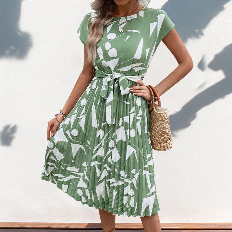 Printed round Neck Lace up Casual Dress Print round Neck Tied Dress