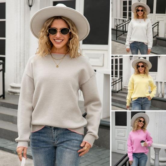 Women Sweater Tops Round Neck Long Sleeve Ribbed Hem Cuff Knitting Tops with Back Bow Decor Solid Color Knitwear
