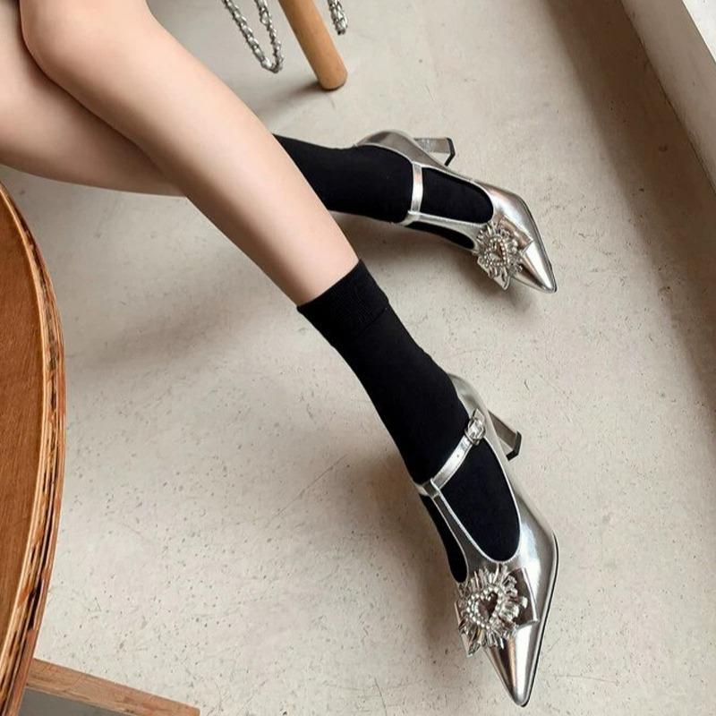 Women's Coarse Heel Shoes Spring New Pointed Head Shallow Mouth Diamond-like Buckle Non-slip Wear-resistant High Heels
