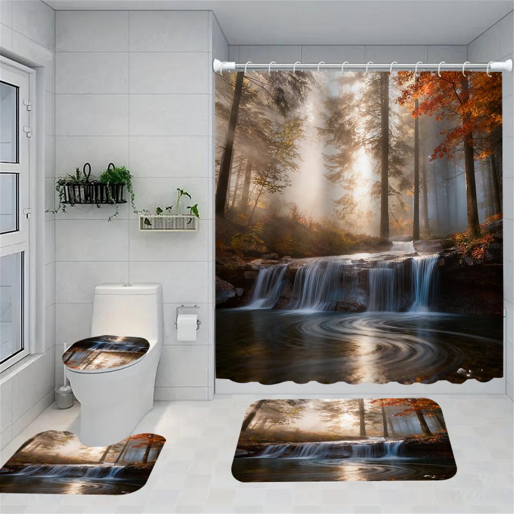 1/4 Forest Waterfalls  Print Shower Curtains, Toilet Seat Decoration, Shower Curtain with Carpet and Toilet Lid, 70.8x70.8 Inch