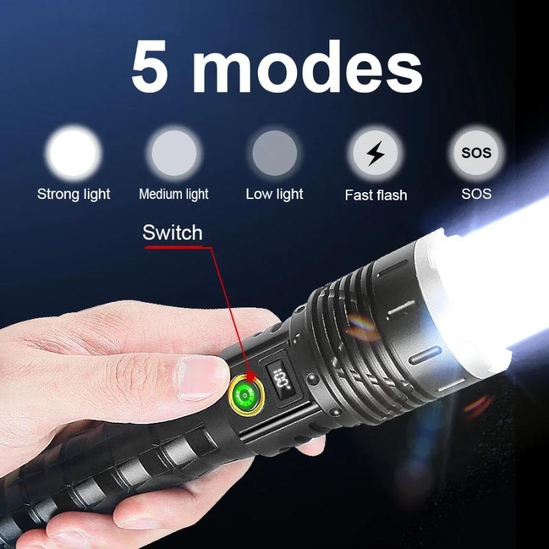 Super High Power LED Flashlight Ultra Power Outdoor Rechargeable Hand Torch 5 Mode Type-C Charging  Lighting 2000m