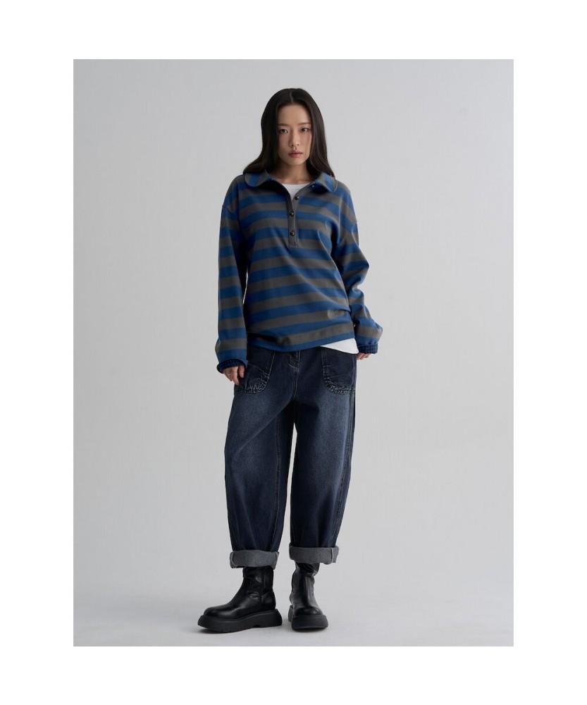 8SECONDS Round Collar Striped T-Shirt Blue