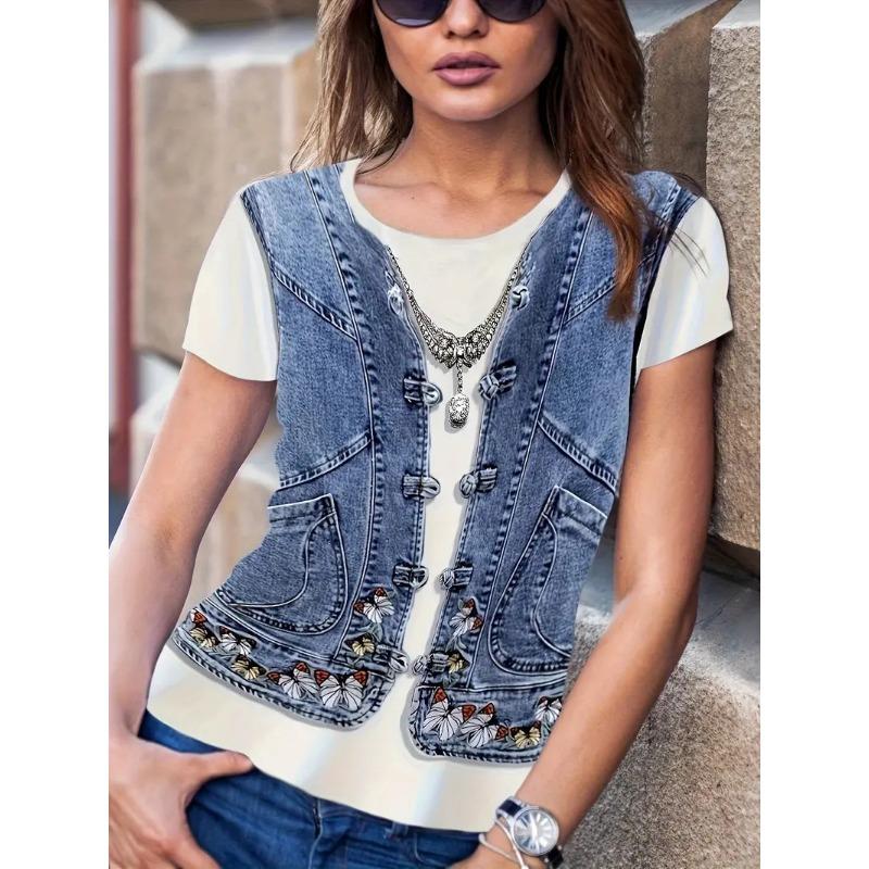 

Летний 3D ковбойский жилет с круглым вырезом и принтом, модные повседневные женские футболки с короткими рукавами 2XL