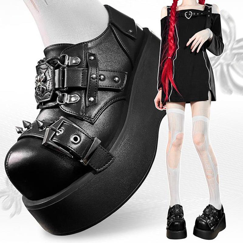 Dziewczęce Buty na Płaskiej Platformie Street Style Lolita Gotyk , Młode Kobiety Gyaru Punkowe Buty na Koturnie z Nitami Pająk