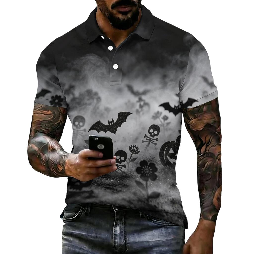 Men's Halloween Printed Short Sleeve Polo Shirt Loose Fit Casual Summer Daily Wear Button Down Collar Top