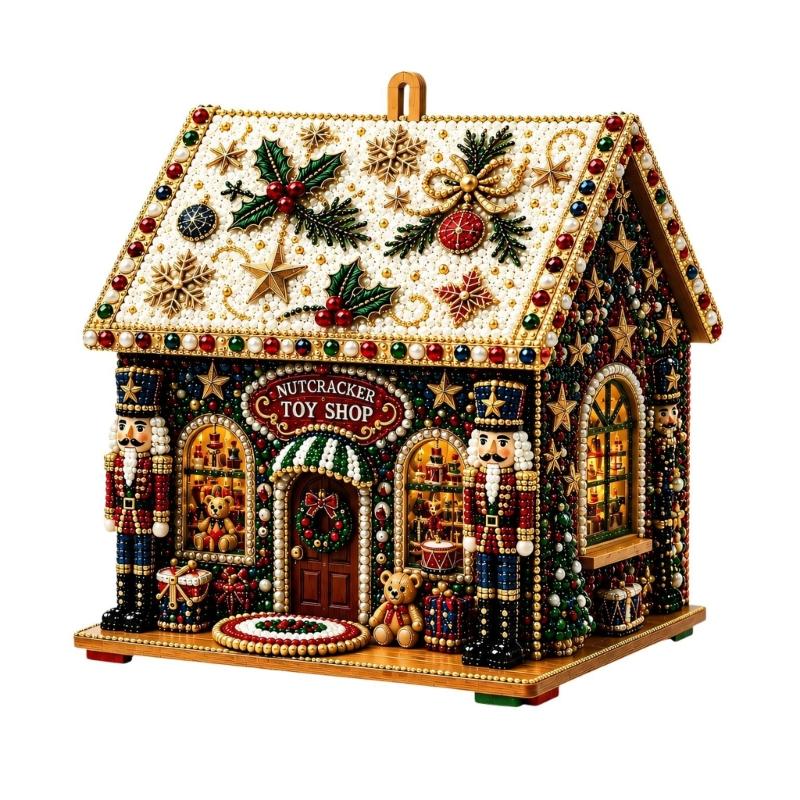 Wooden Christmas Houses Craft Set with Rhinestones Painting Piece, Pearls-Style Accents, and Tools for Hands-On Decorating