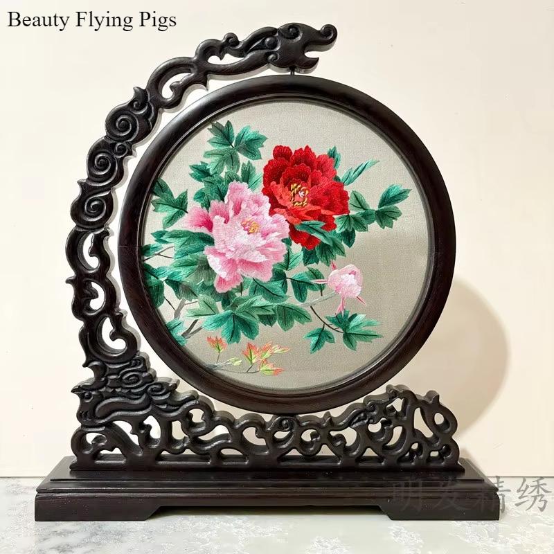 1pc, Su Embroidery Ornaments, Chinese Embroidery Crafts, Double Sided Embroidered Ornament, Solid Wood Desktop Decoration
