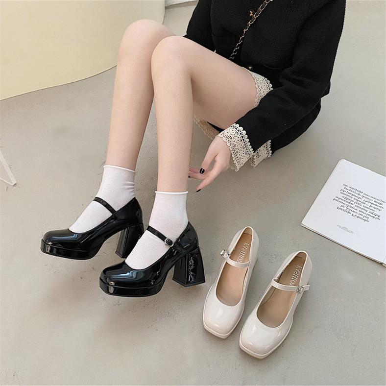 Fashion single shoes autumn new light buckle high heels thick heel square head Mary Jane shoes