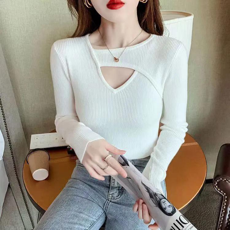 

Женская приталенная рубашка с тонким дном, модный полый однотонный свитер, свитер большого размера с длинными рукавами XXL белый