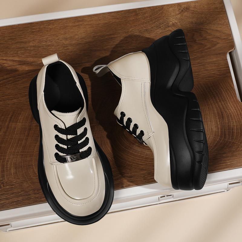 British Style Small Leather Shoes Korean Height-increasing Women's Black Patent Leather Thick-soled Thick-heeled Lace-up Loafers