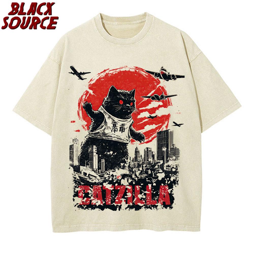 Funny Catzilla Japan Cat Kitten Lover Men T Shirt Male Casual Tees Summer Oversized Tshirt Shirt Men Cotton T-shirt