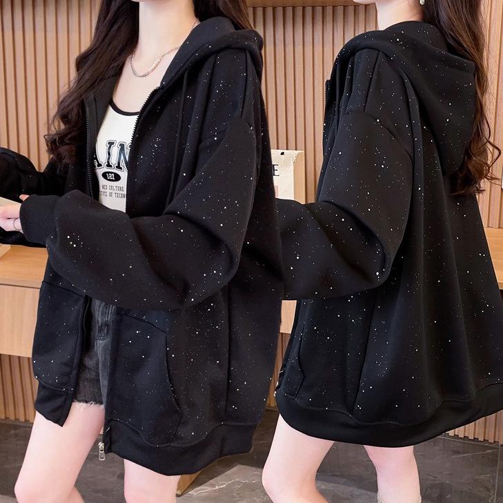 Women's Plus Size Sparkly Starry Sky Zipper Hoodie - Korean Style, Loose Fit for Spring & Autumn